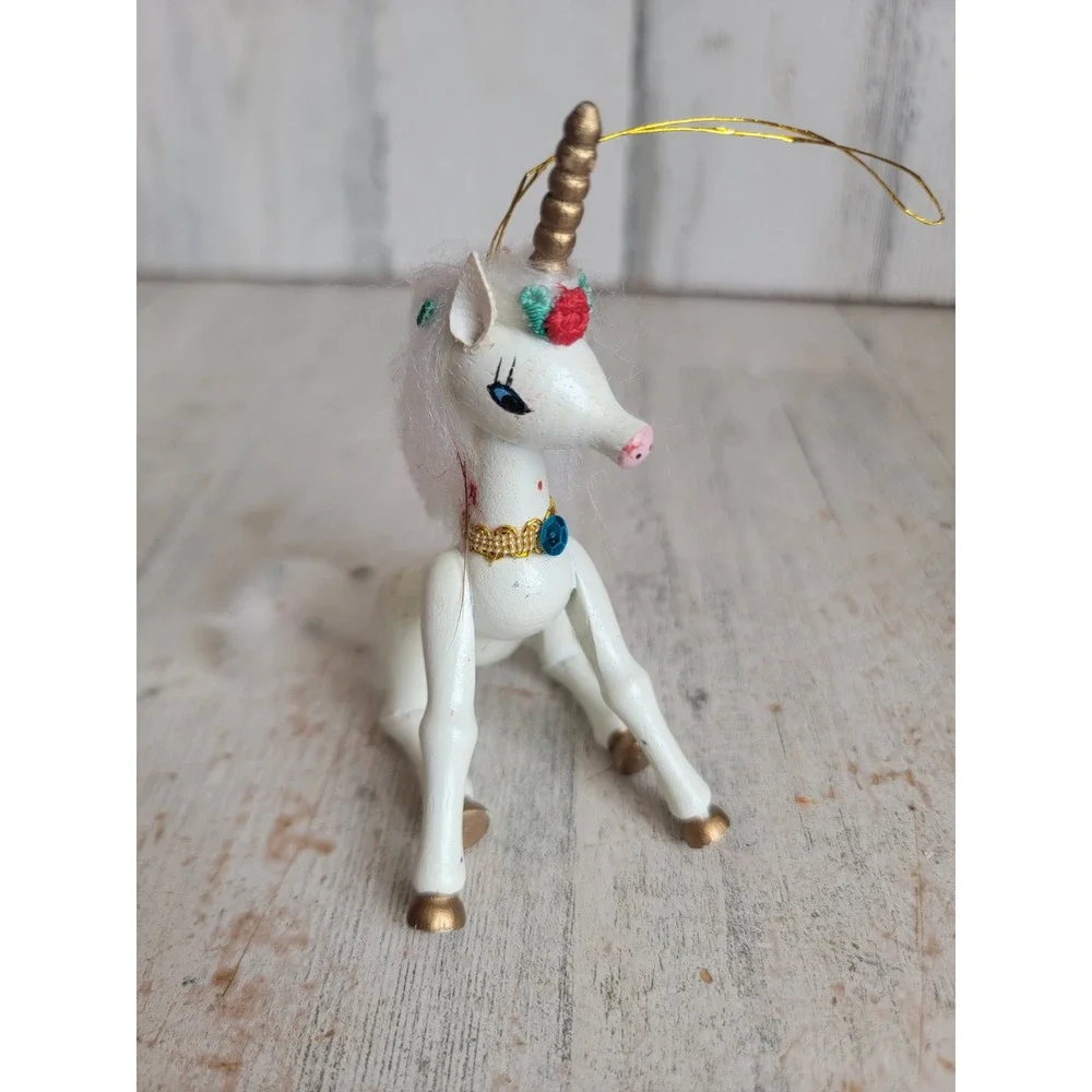 Vintage Kurt Adler unicorn sitting wooden ornament Xmas flower figure